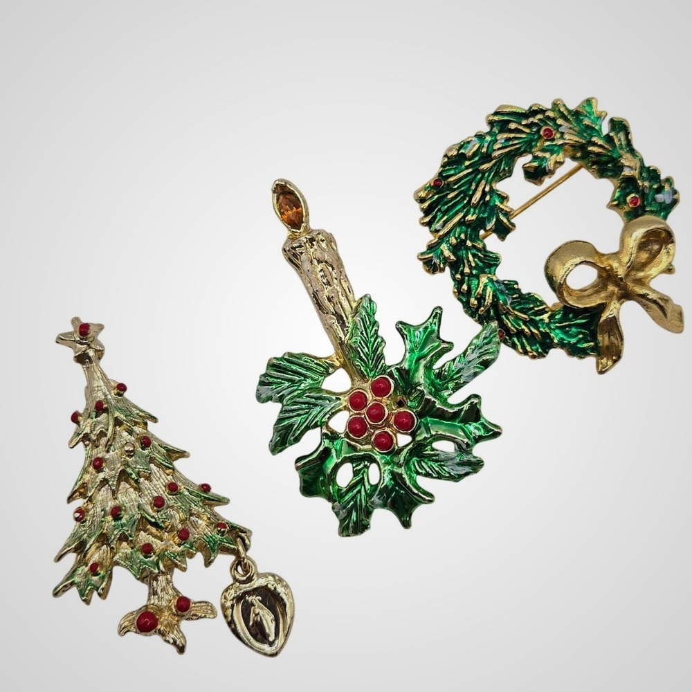 Christmas Brooch‎ Pin Set Gold Green Red Enamel Holiday Wreath Tree Candle